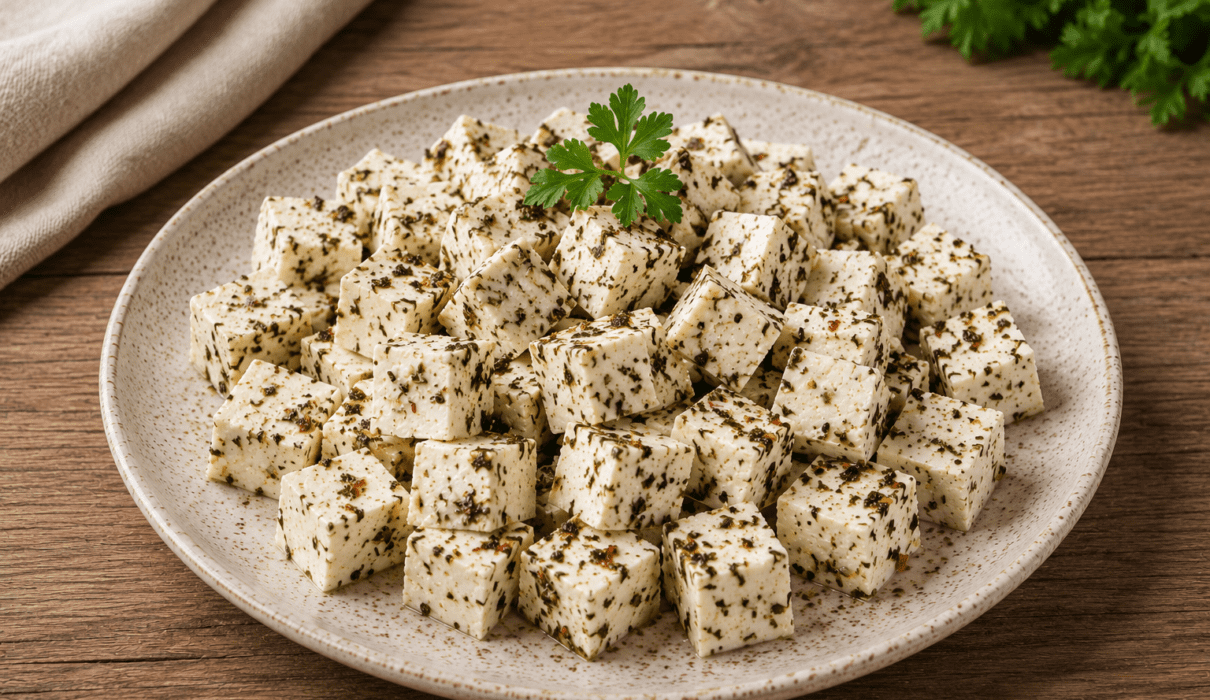Creamy homemade vegan feta cheese made with tofu, herbs, and lemon in a white bowl.