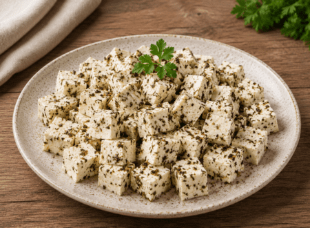 Creamy homemade vegan feta cheese made with tofu, herbs, and lemon in a white bowl.