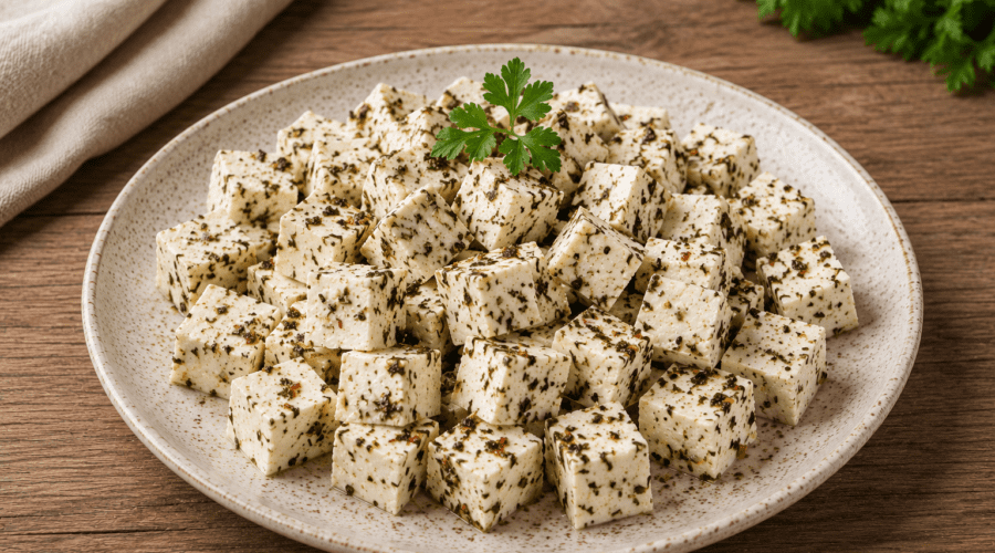 Creamy homemade vegan feta cheese made with tofu, herbs, and lemon in a white bowl.