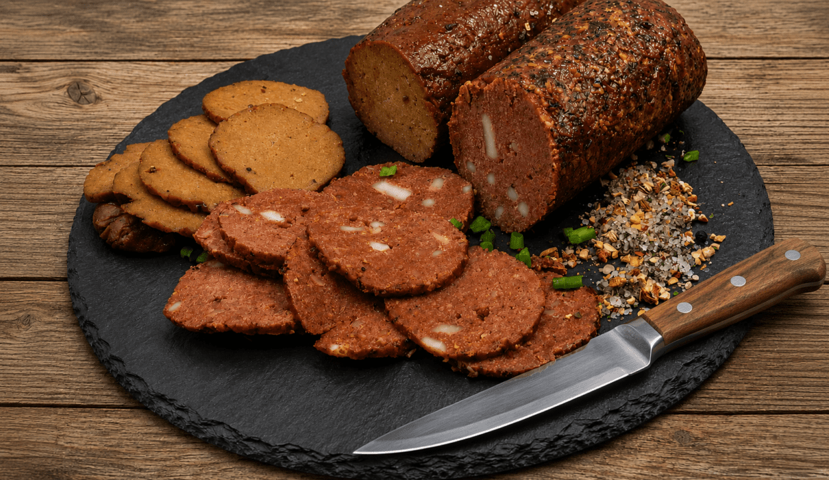 Slices of homemade vegan pepperoni with a smoky, spicy texture served on a wooden board.