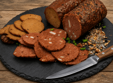 Slices of homemade vegan pepperoni with a smoky, spicy texture served on a wooden board.