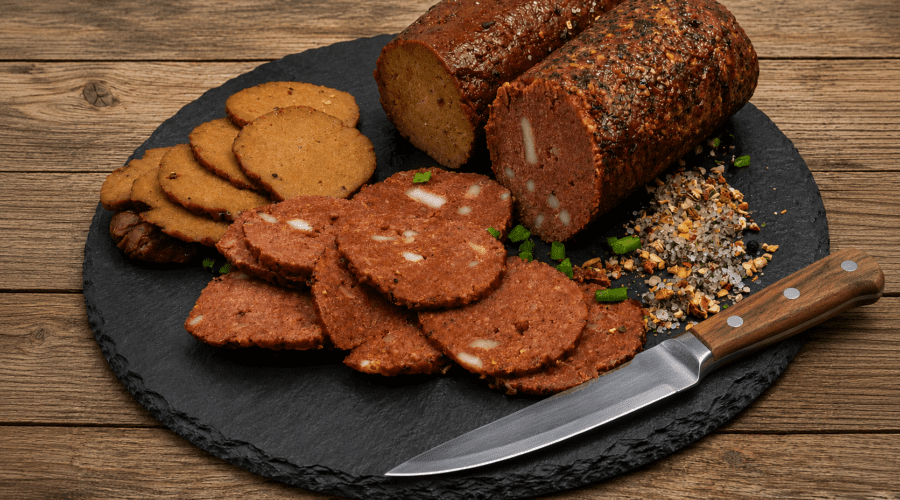 Slices of homemade vegan pepperoni with a smoky, spicy texture served on a wooden board.