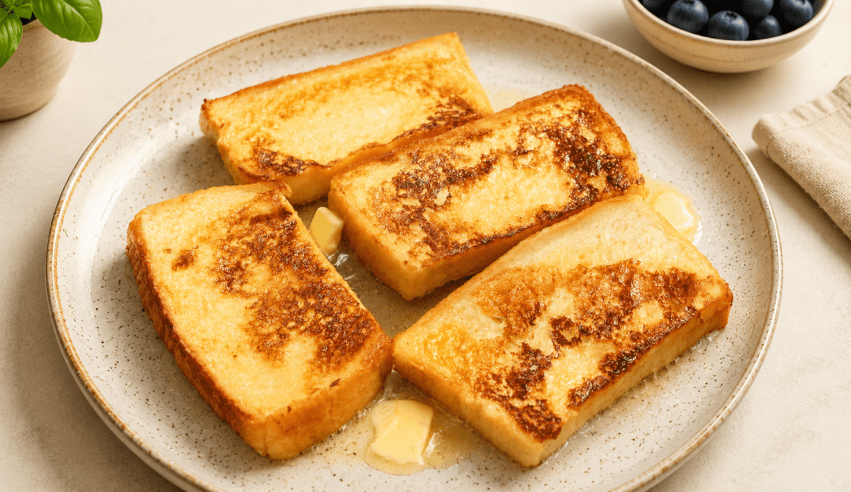 Vegan French toast served with fresh berries, maple syrup, and a golden crispy exterior.