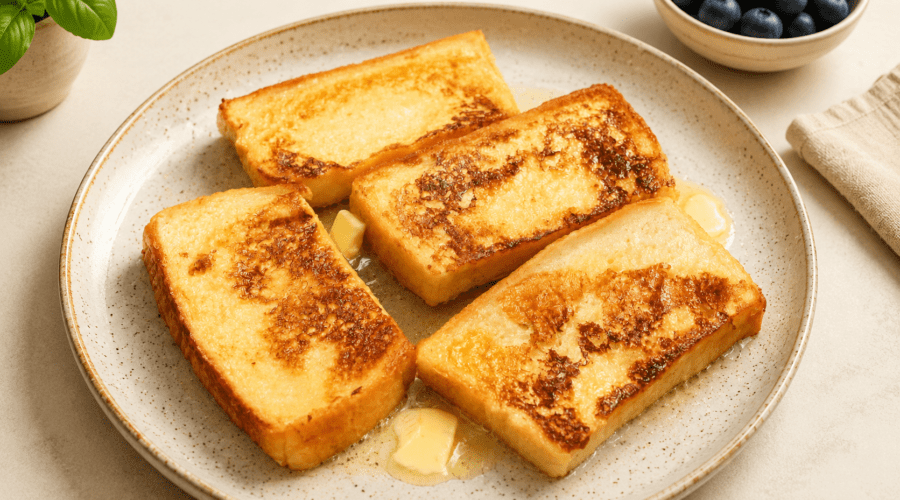 Vegan French toast served with fresh berries, maple syrup, and a golden crispy exterior.