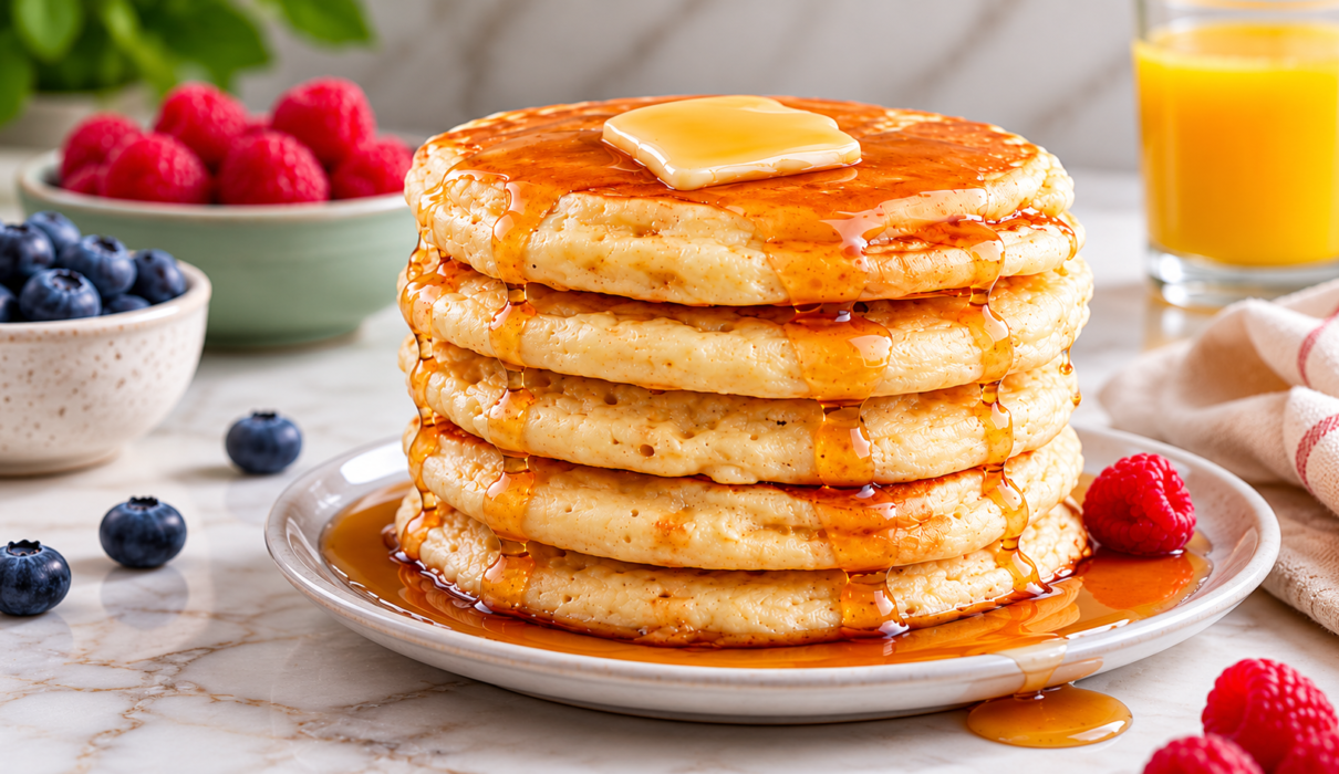 Stack of fluffy vegan pancakes topped with creamy glaze and pecans on a white plate against a dark cozy background.