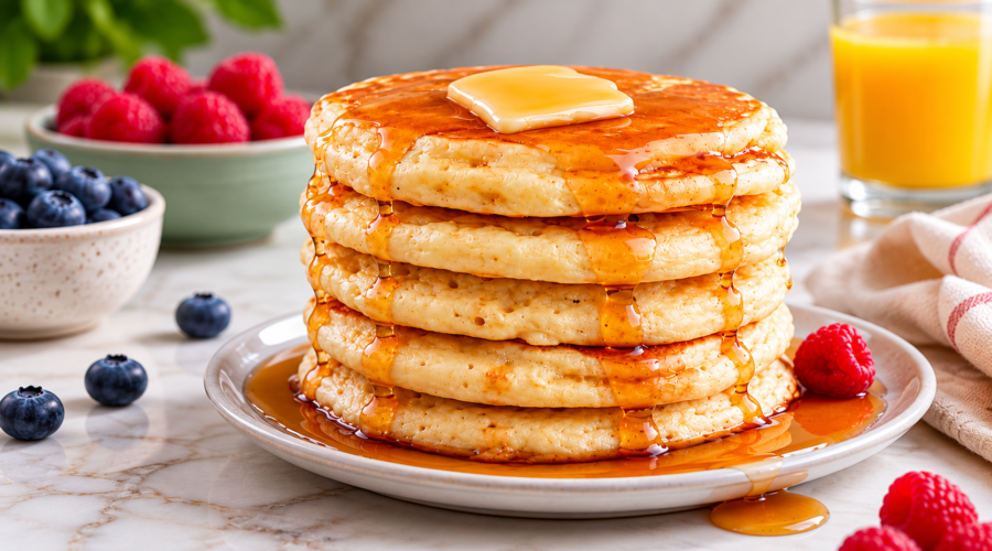 Stack of fluffy vegan pancakes topped with creamy glaze and pecans on a white plate against a dark cozy background.