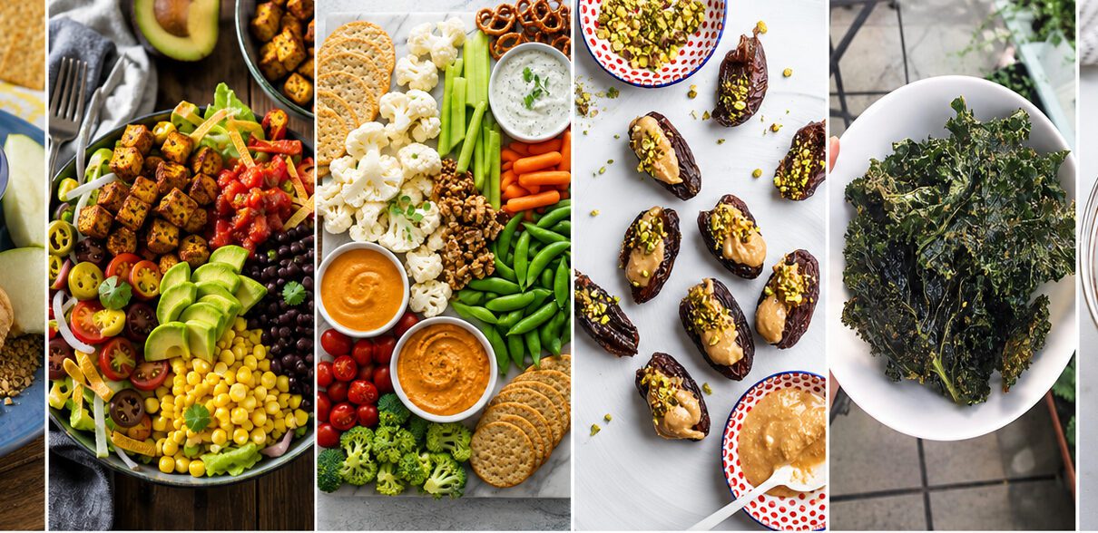 Colorful assortment of vegan snacks including fruit, nuts, hummus, crackers, energy balls, and vegetables on a serving board.