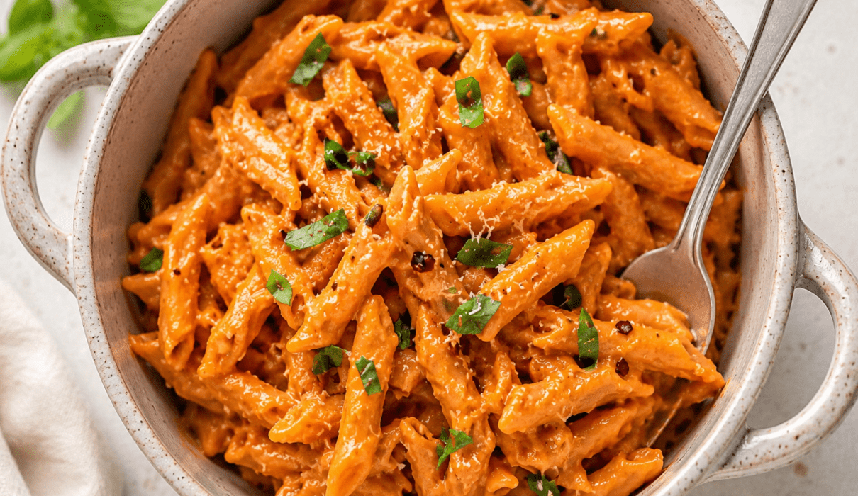Five homemade vegan pasta sauces served with different pasta varieties on a rustic table