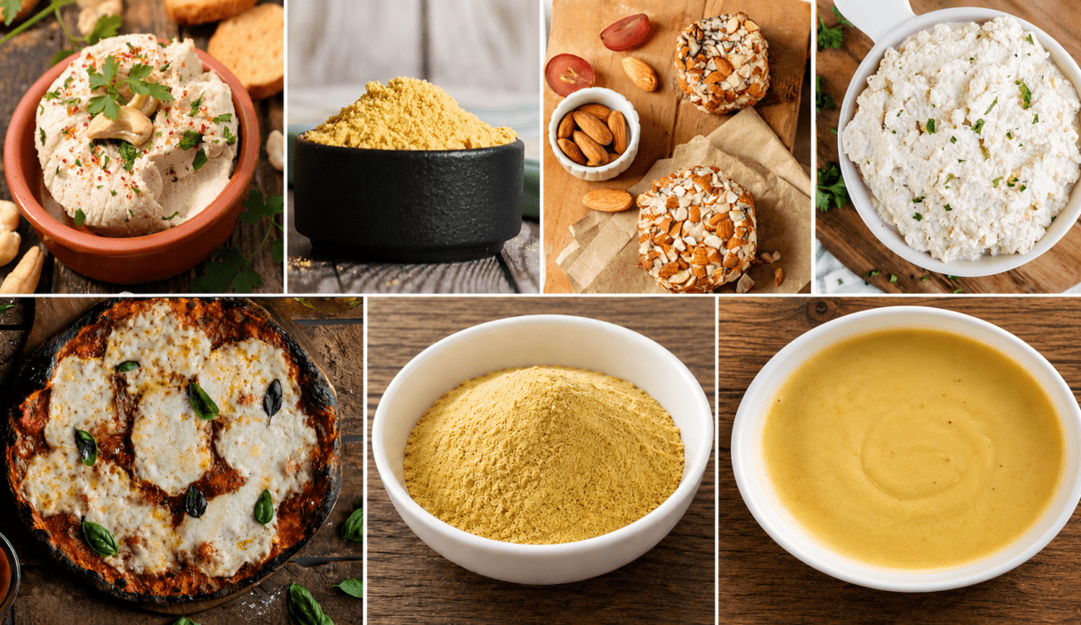 A variety of vegan cheese alternatives including cashew cheese, vegan mozzarella, almond cheese, and dairy-free cheese slices on a wooden serving board.