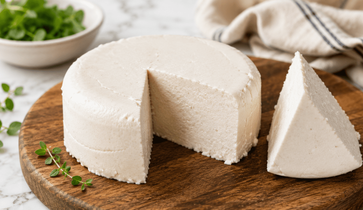 A variety of vegan cheese alternatives including cashew cheese, vegan mozzarella, almond cheese, and dairy-free cheese slices on a wooden serving board.