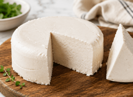 A variety of vegan cheese alternatives including cashew cheese, vegan mozzarella, almond cheese, and dairy-free cheese slices on a wooden serving board.