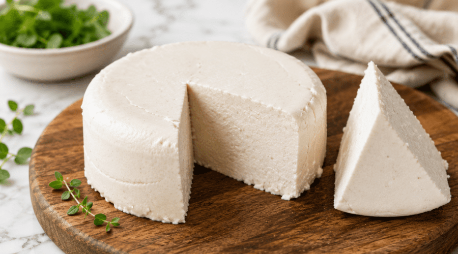 A variety of vegan cheese alternatives including cashew cheese, vegan mozzarella, almond cheese, and dairy-free cheese slices on a wooden serving board.