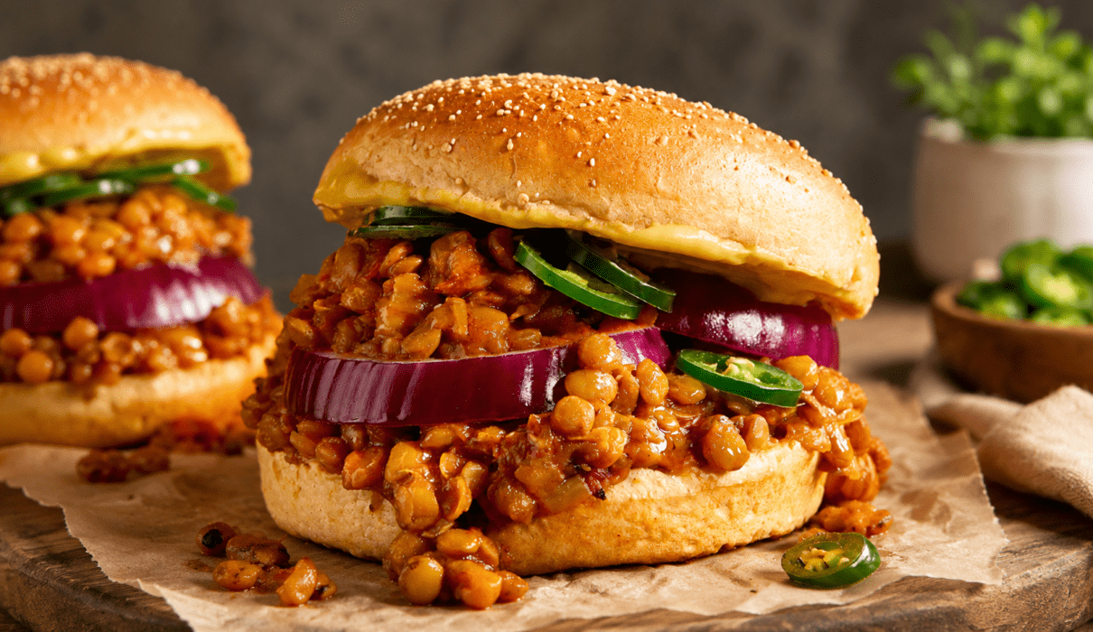 Meatless sloppy joes served on toasted buns with a hearty vegan filling and fresh toppings.