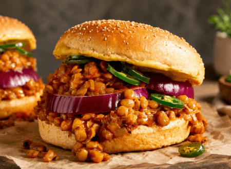 Meatless sloppy joes served on toasted buns with a hearty vegan filling and fresh toppings.