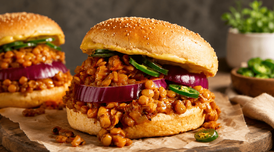 Meatless sloppy joes served on toasted buns with a hearty vegan filling and fresh toppings.