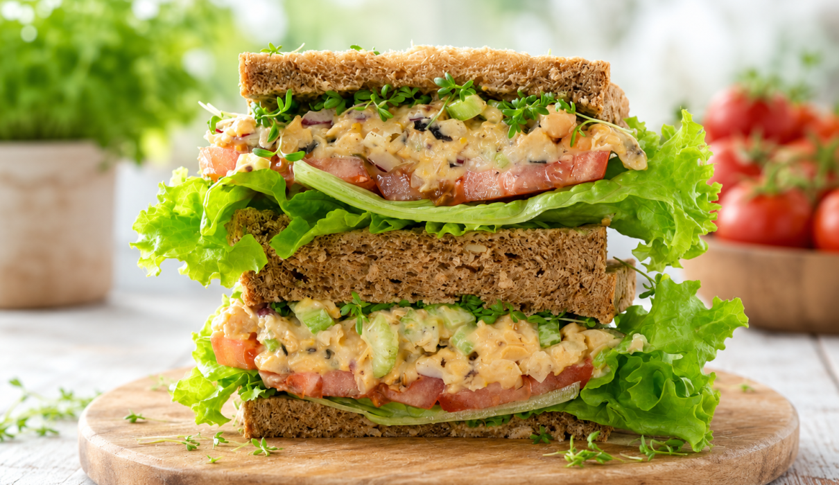 Vegan tuna sandwich made with mashed chickpeas, vegan mayonnaise, celery, and lettuce on whole grain bread.