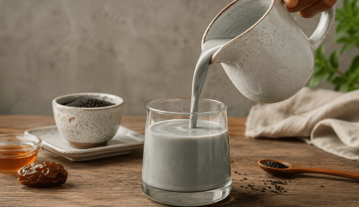 Homemade black sesame milk served in a glass with black sesame seeds scattered around on a wooden surface.