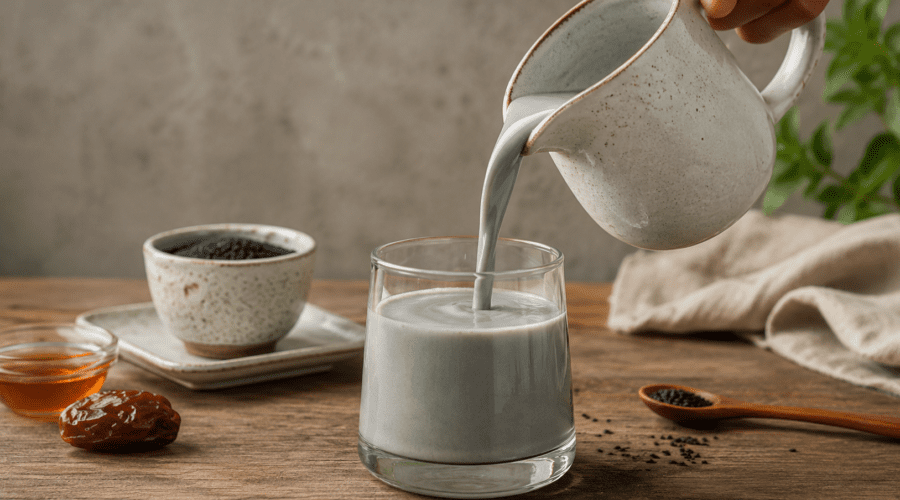 Homemade black sesame milk served in a glass with black sesame seeds scattered around on a wooden surface.