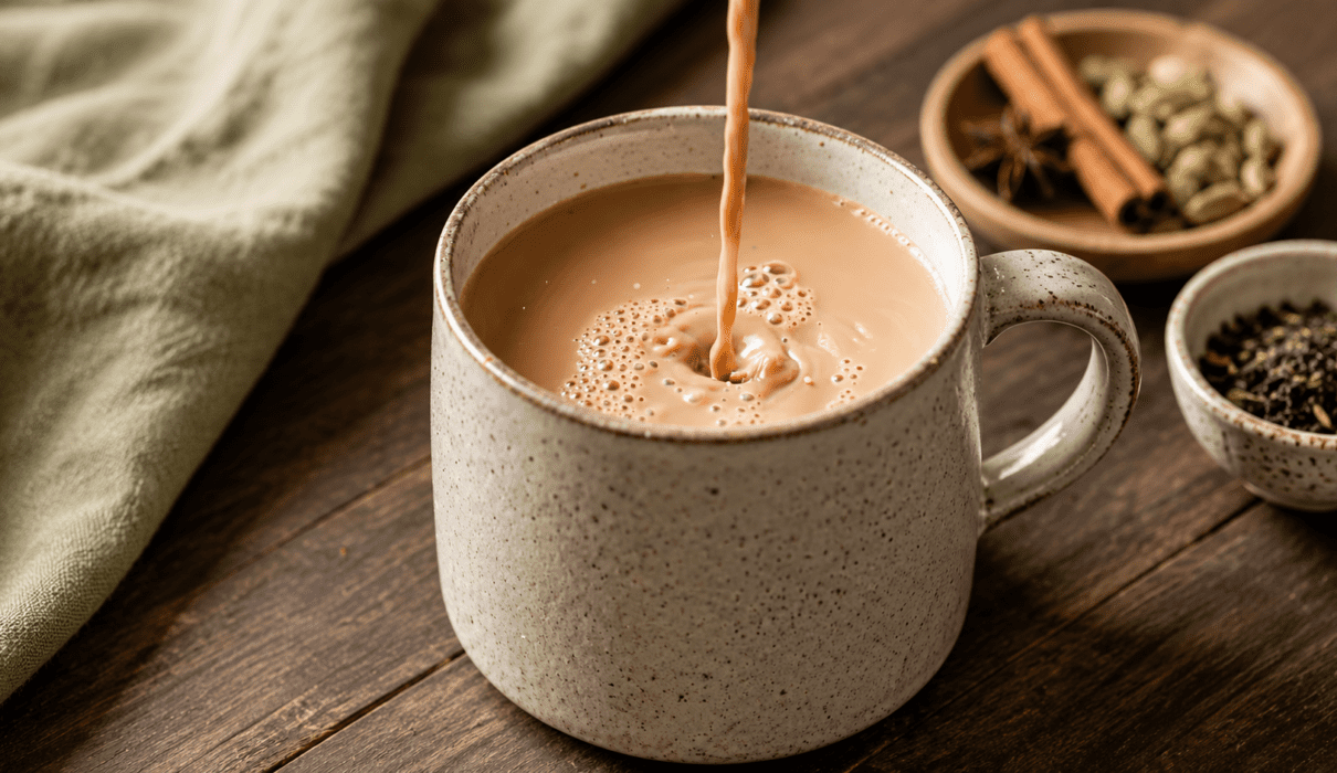 Homemade caffeine-free chai tea served in a mug with cinnamon sticks, star anise, and warming chai spices.