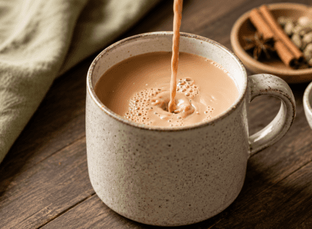 Homemade caffeine-free chai tea served in a mug with cinnamon sticks, star anise, and warming chai spices.