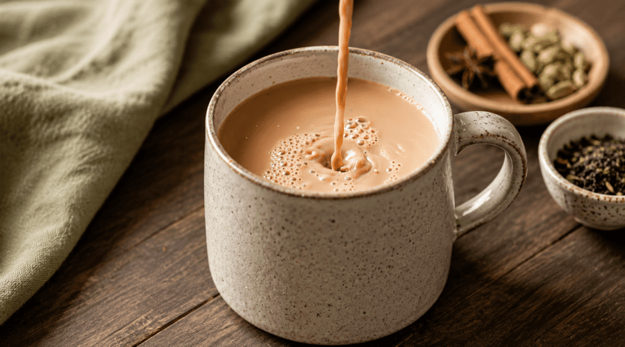 Homemade caffeine-free chai tea served in a mug with cinnamon sticks, star anise, and warming chai spices.