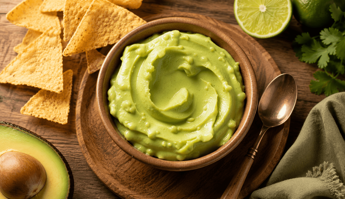 Bowl of creamy avocado aioli garnished with fresh herbs and served with vegetables for dipping.