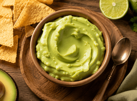 Bowl of creamy avocado aioli garnished with fresh herbs and served with vegetables for dipping.