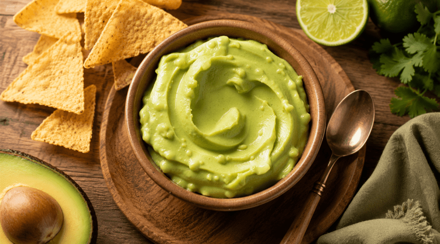 Bowl of creamy avocado aioli garnished with fresh herbs and served with vegetables for dipping.