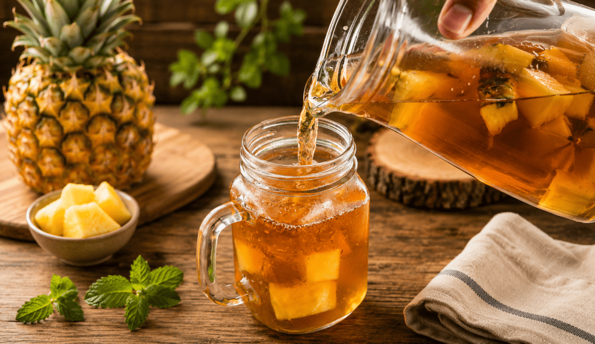 Glass of iced pineapple tea garnished with pineapple wedges, lemon slices, mint leaves, and ice cubes.