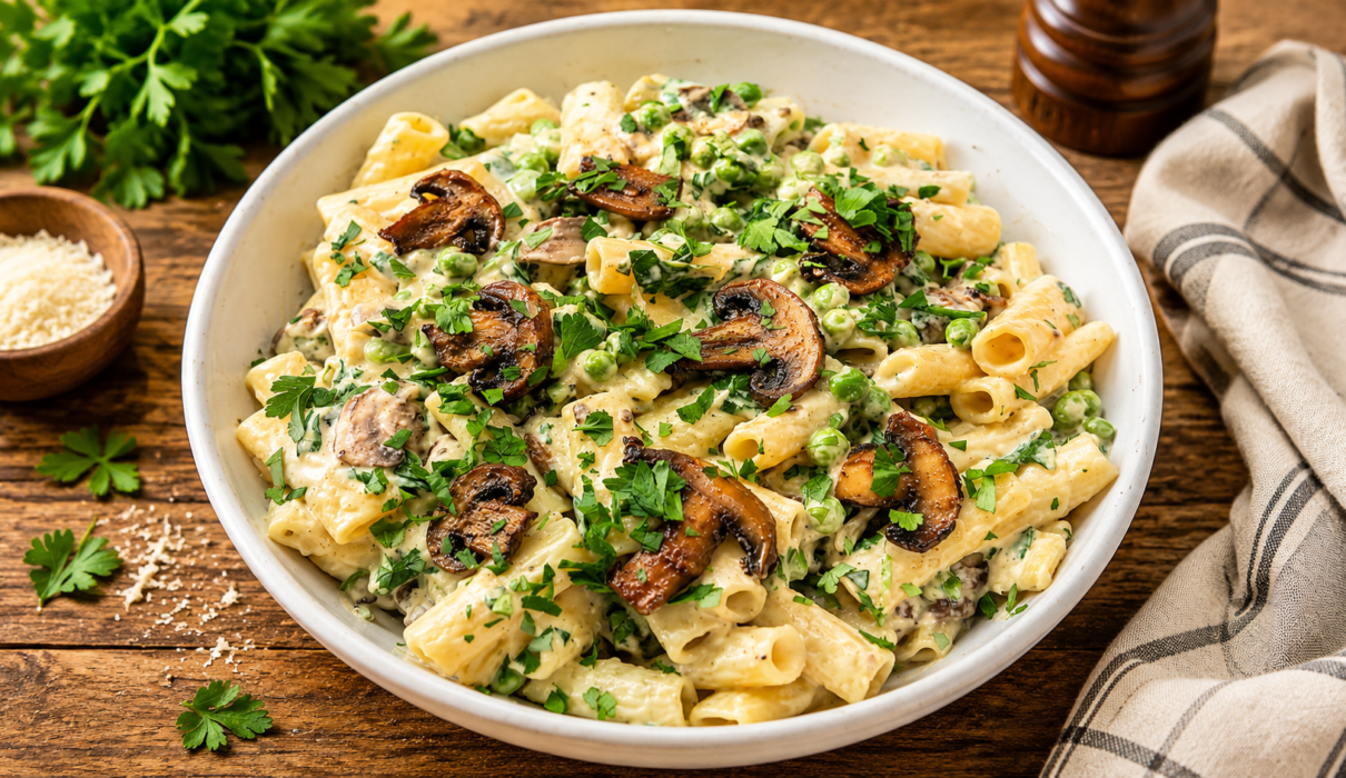 Creamy vegan one pot pasta served in a bowl and garnished with fresh herbs and vegan parmesan.