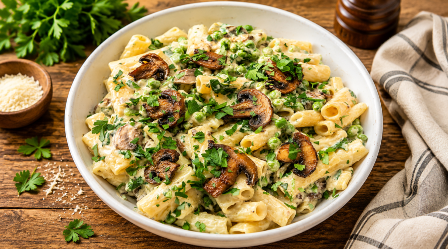Creamy vegan one pot pasta served in a bowl and garnished with fresh herbs and vegan parmesan.