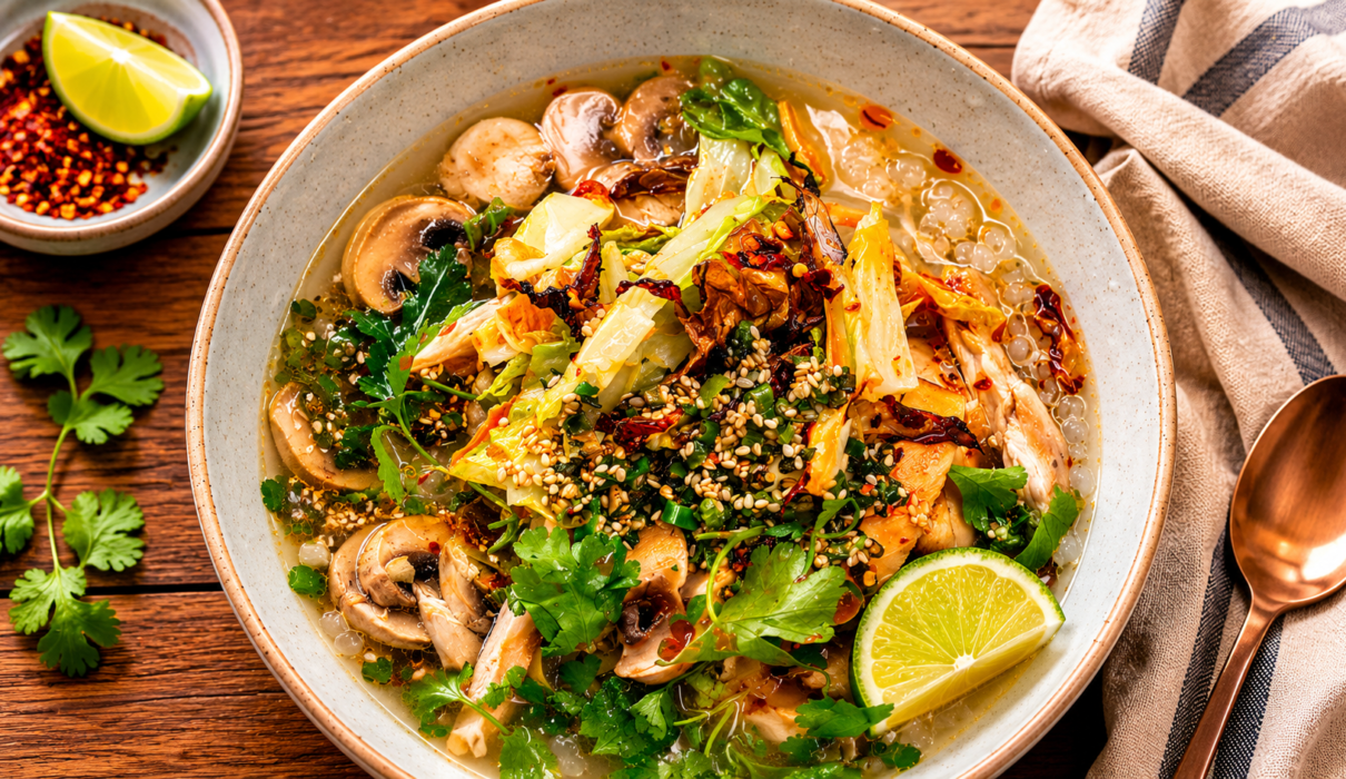Bowl of vegan brothy rice with vegetables, herbs, and a flavorful savory broth.