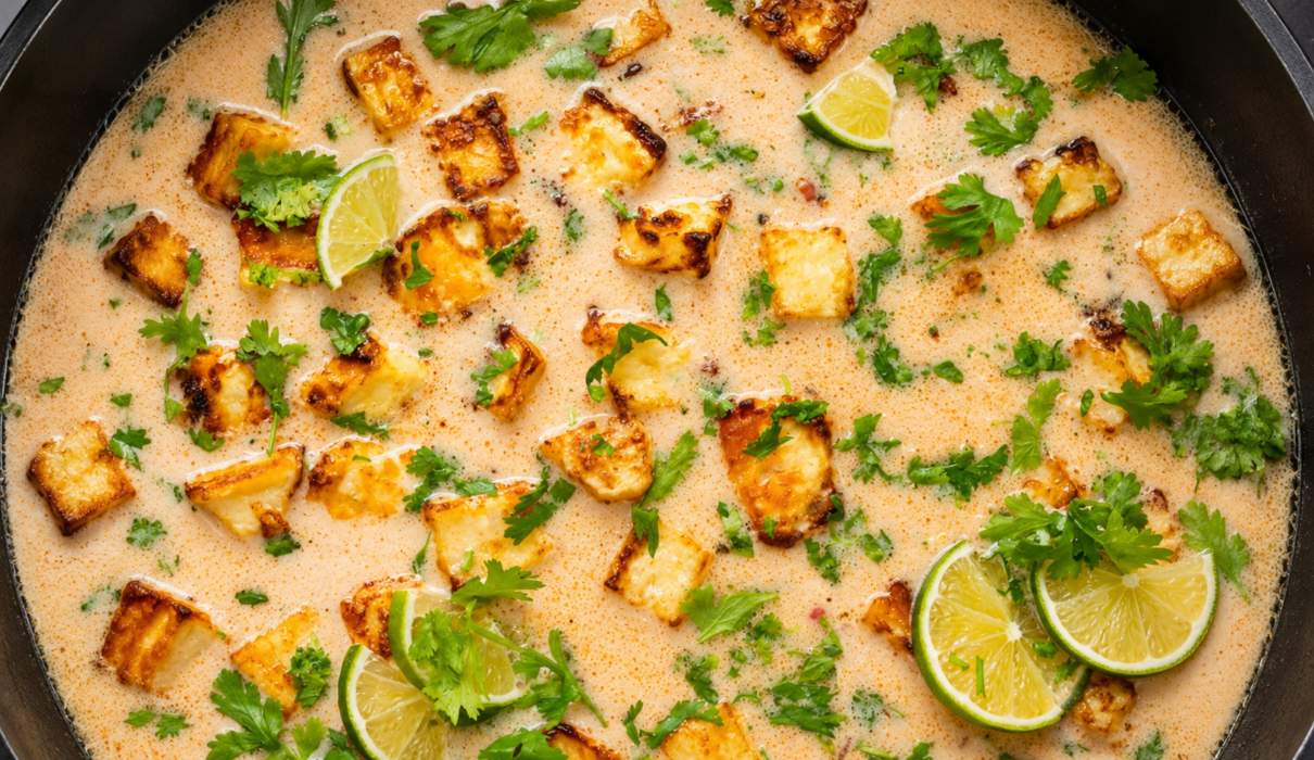 Crispy tofu in a creamy coconut lime sauce served over rice and garnished with fresh cilantro and lime wedges.