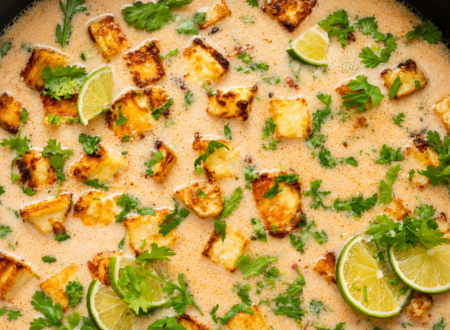 Crispy tofu in a creamy coconut lime sauce served over rice and garnished with fresh cilantro and lime wedges.