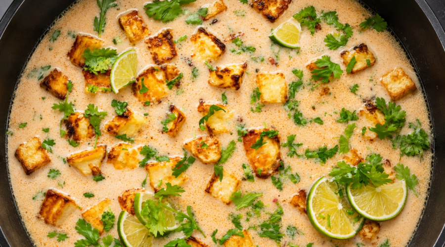 Crispy tofu in a creamy coconut lime sauce served over rice and garnished with fresh cilantro and lime wedges.