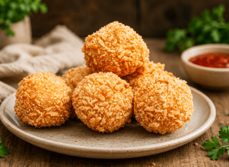 Golden crispy vegan rice bombs filled with melted dairy-free cheese and served with dipping sauce.