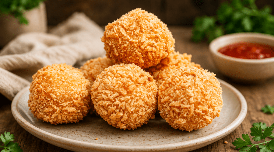 Golden crispy vegan rice bombs filled with melted dairy-free cheese and served with dipping sauce.