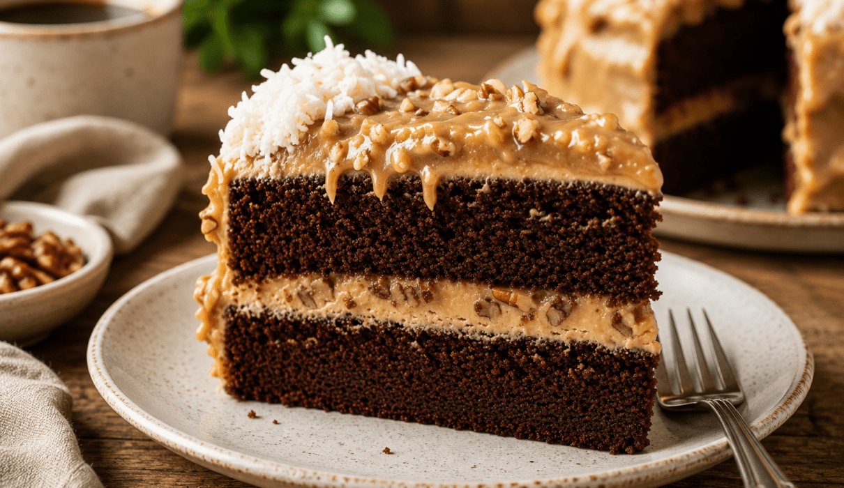 Slice of vegan German chocolate cake layered with coconut pecan frosting on a dessert plate.