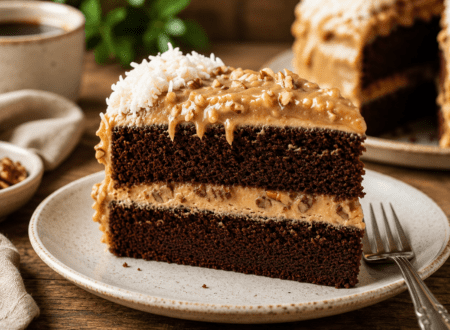 Slice of vegan German chocolate cake layered with coconut pecan frosting on a dessert plate.