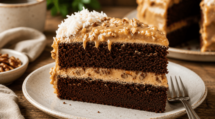Slice of vegan German chocolate cake layered with coconut pecan frosting on a dessert plate.