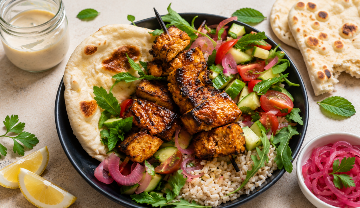 Crispy spiced tofu shawarma served in pita bread with fresh vegetables and creamy sauce.