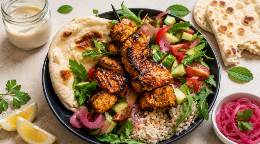 Crispy spiced tofu shawarma served in pita bread with fresh vegetables and creamy sauce.