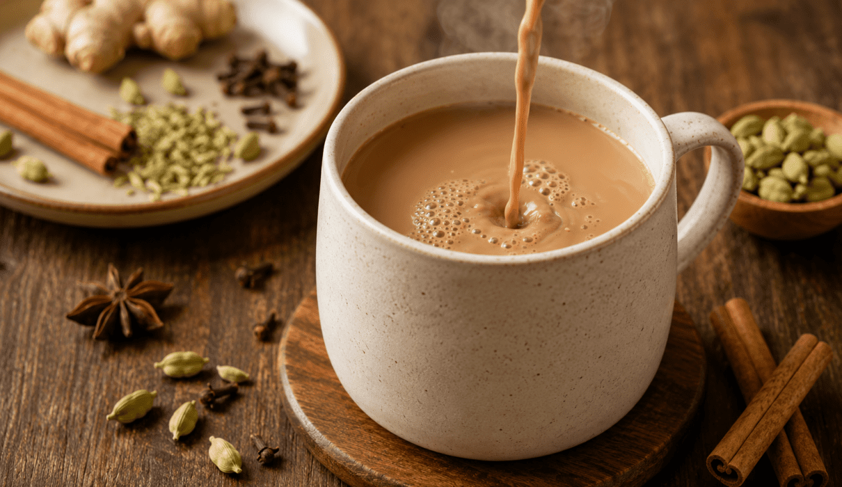 Mug of creamy chocolate chai topped with whipped cream, chocolate shavings, and a sprinkle of cinnamon.