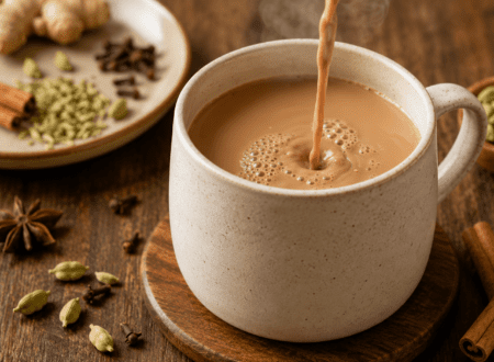 Mug of creamy chocolate chai topped with whipped cream, chocolate shavings, and a sprinkle of cinnamon.
