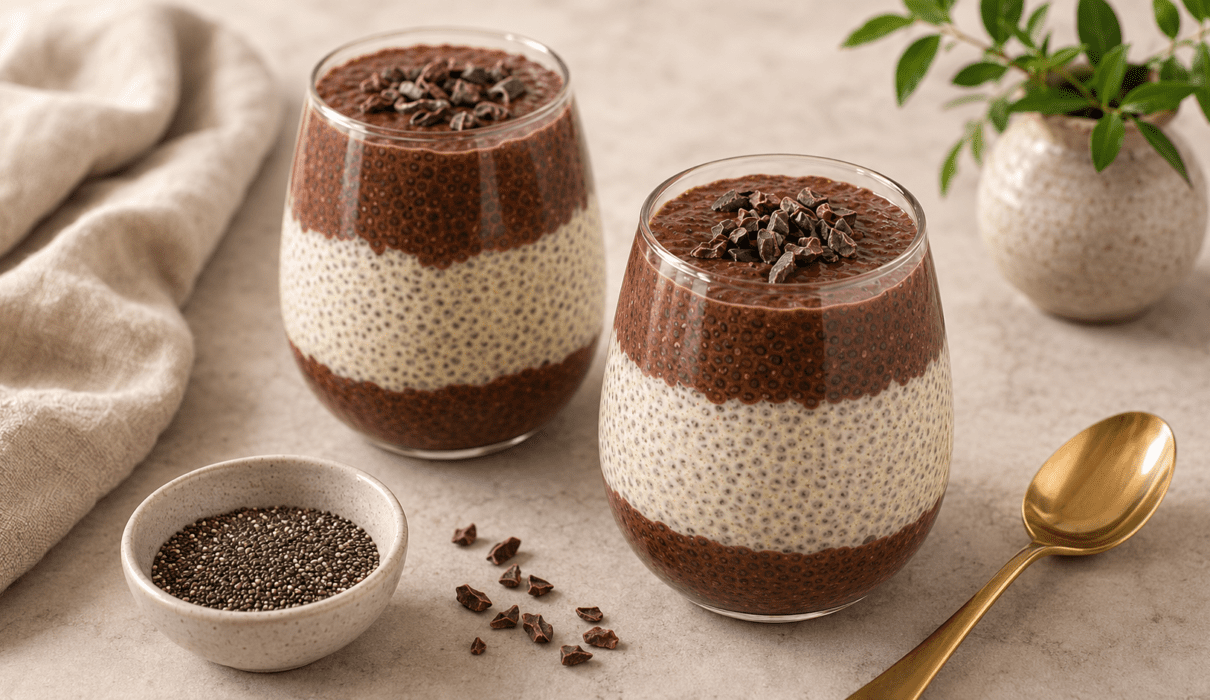 Creamy chocolate chia seed pudding topped with fresh berries and chocolate shavings in glass jars.