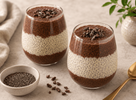 Creamy chocolate chia seed pudding topped with fresh berries and chocolate shavings in glass jars.