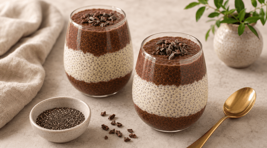 Creamy chocolate chia seed pudding topped with fresh berries and chocolate shavings in glass jars.