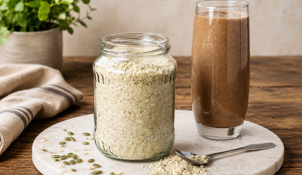 Glass smoothie beside a jar of homemade vegan protein powder made with oats, hemp seeds, chia seeds, and pumpkin seeds.