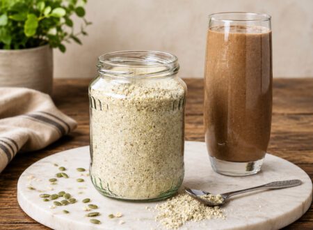 Glass smoothie beside a jar of homemade vegan protein powder made with oats, hemp seeds, chia seeds, and pumpkin seeds.