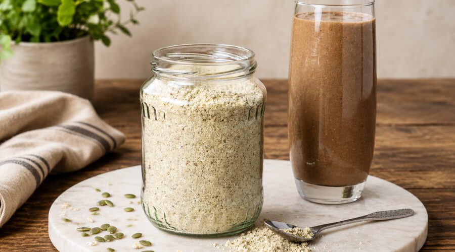 Glass smoothie beside a jar of homemade vegan protein powder made with oats, hemp seeds, chia seeds, and pumpkin seeds.